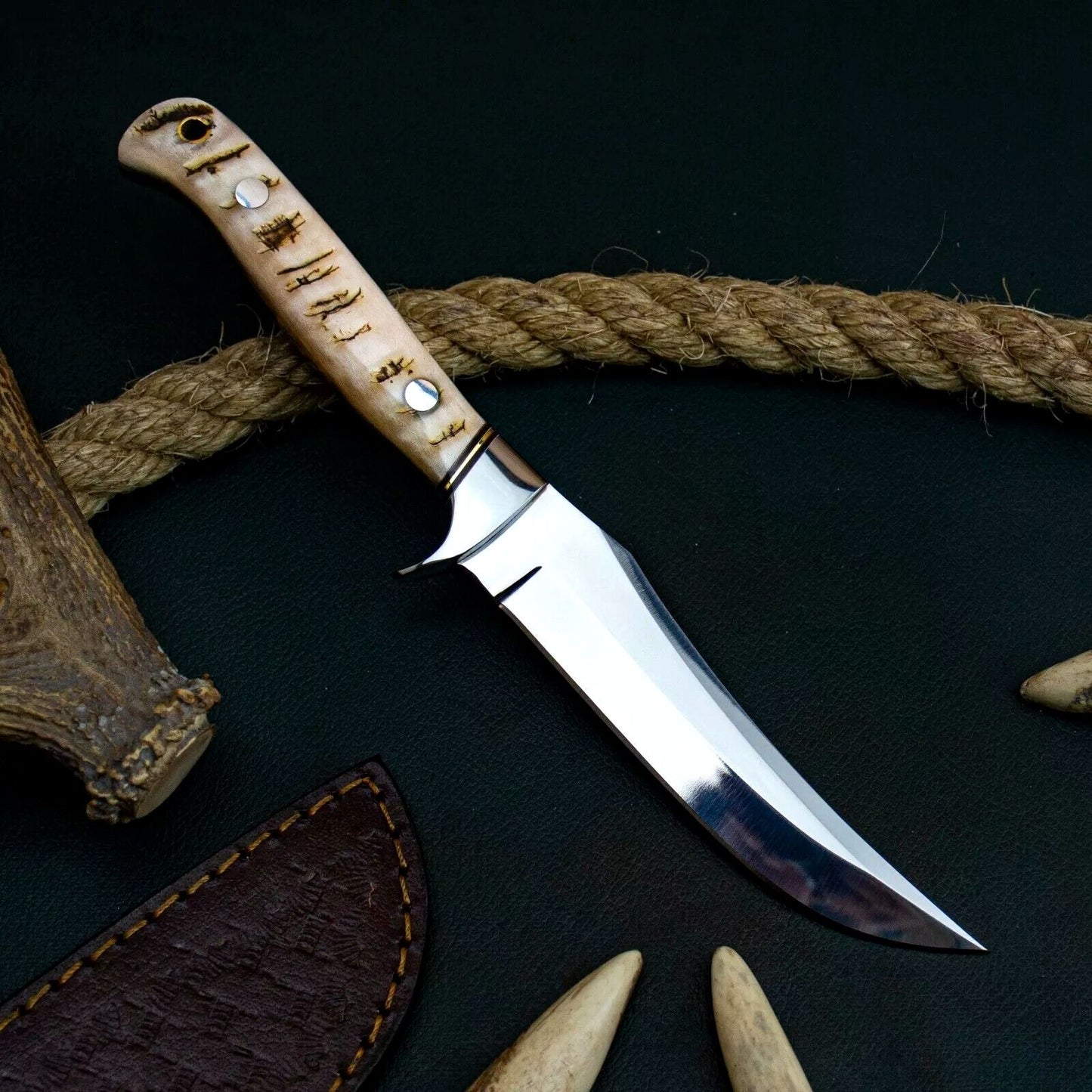 10″ Handmade Skinner Knife – Stainless Steel Blade with Ram Horn Handle & Leather Sheath