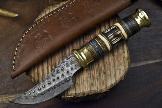 Custom Skinner Knife Rain Drop Damascus Bone Brass Bolster EDC