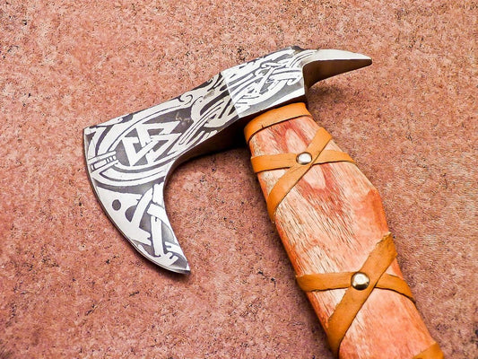 Hand Forged Bearded Viking Axe 15 Inch High Carbon Steel Tomahawk with Natural Wood Handle and Leather Sheath