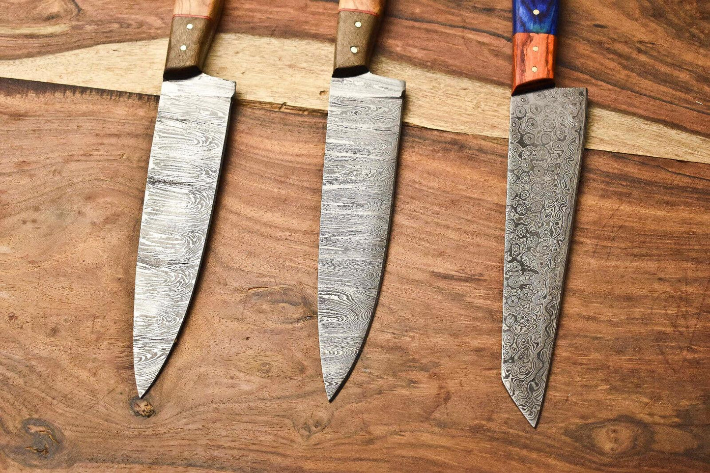 Lot of 3 Handmade Damascus Steel Full Tang Chef Knives – Cutlery Set