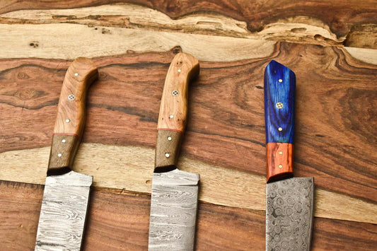 Lot of 3 Handmade Damascus Steel Full Tang Chef Knives – Cutlery Set