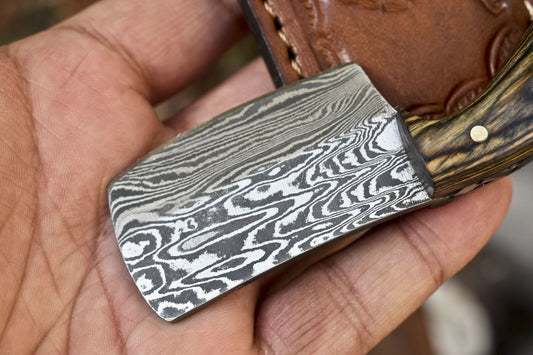 Compact Damascus Skinner Knife with Hardwood Handle EDC for Hunting and Camping