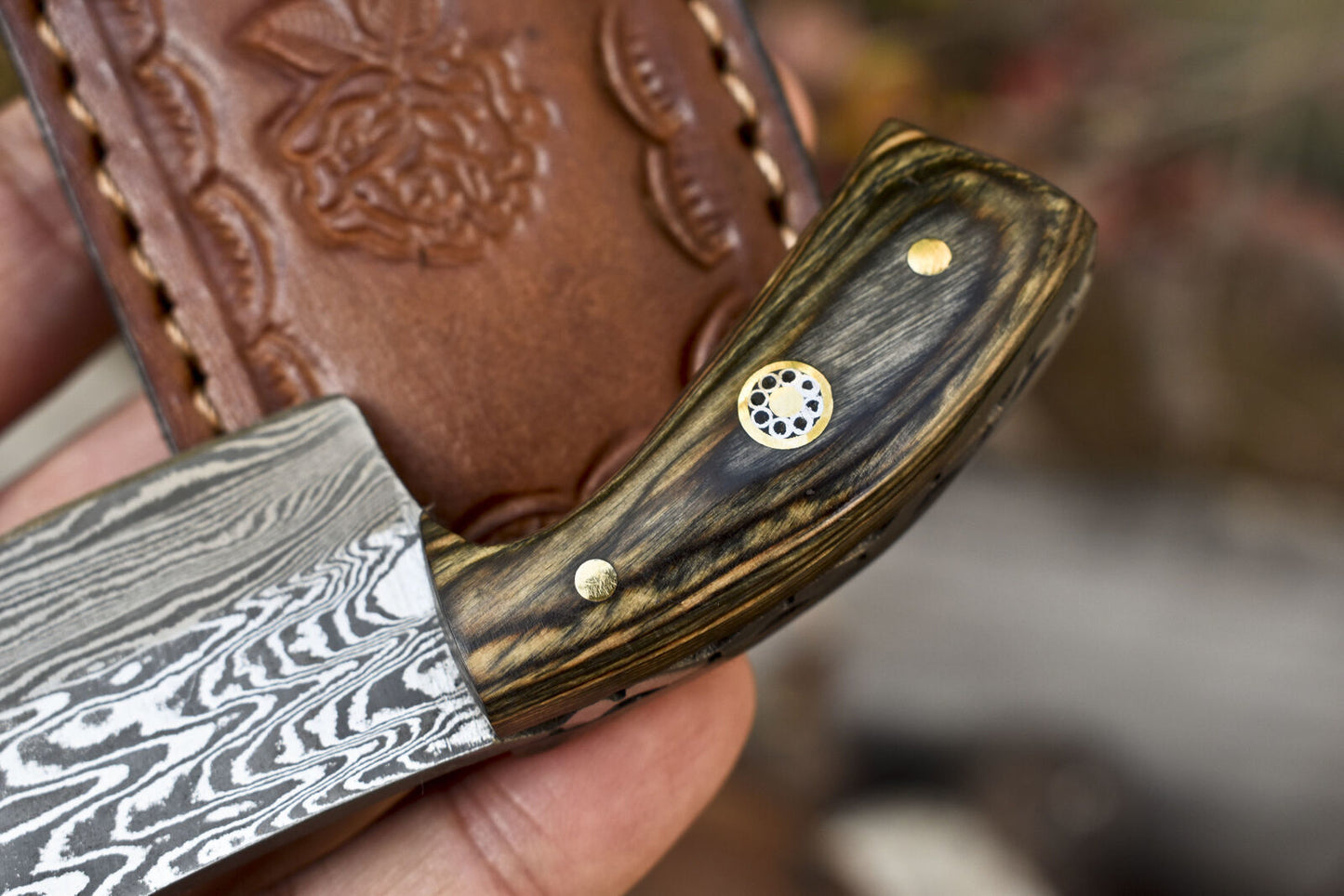 Compact Damascus Skinner Knife with Hardwood Handle EDC for Hunting and Camping