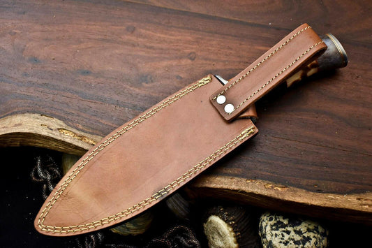 12.5" Handmade Damascus Bowie Knife – Camel Bone Handle & Leather Sheath