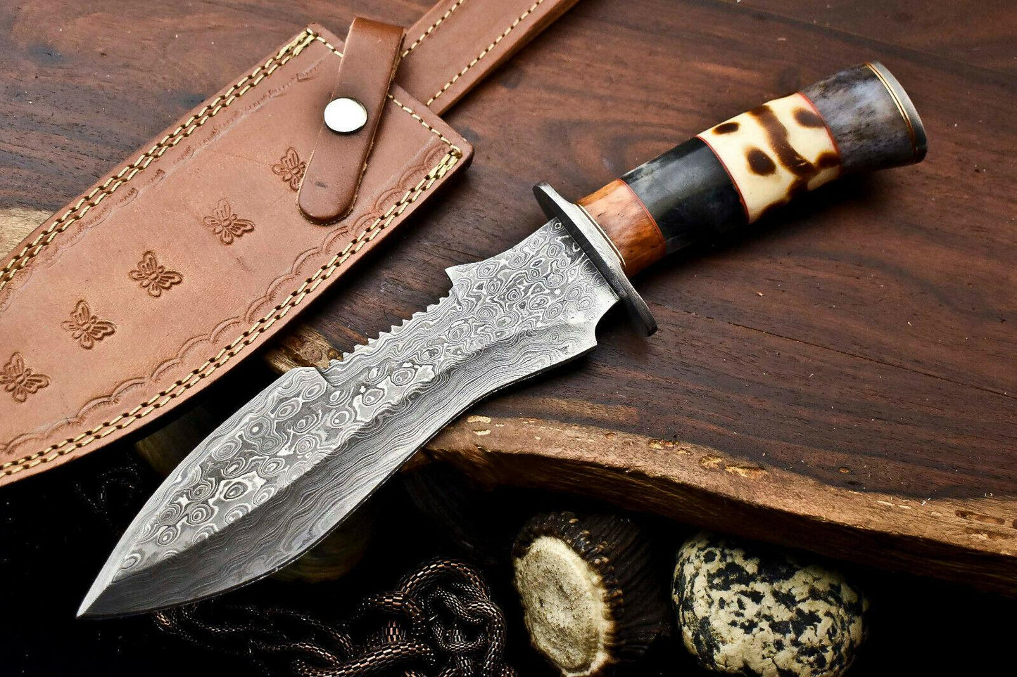 12.5 Inch Handmade Damascus Bowie Knife with Camel Bone Handle