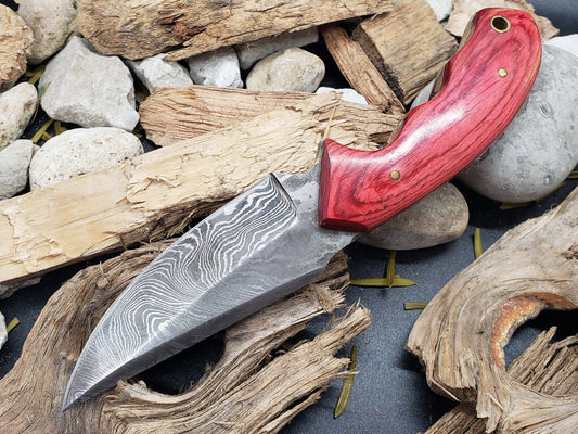 7" Damascus Bowie Knife – Twisted Pattern, Dollar Wood Handle