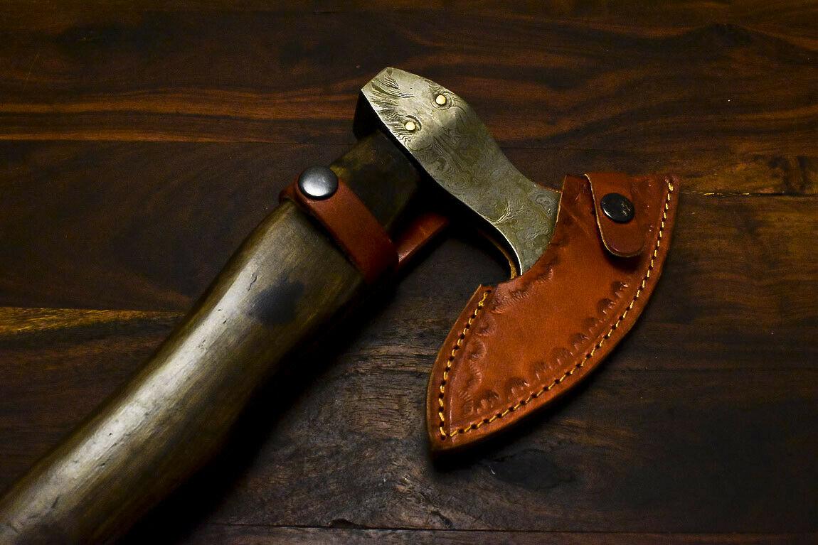 Handmade Damascus Axe Tomahawk with Walnut Wood Handle & Leather Sheath | Classy Damascus Steel Axe