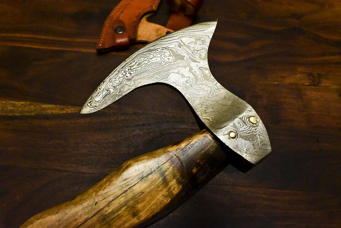 Handmade Damascus Axe Tomahawk with Walnut Wood Handle & Leather Sheath | Classy Damascus Steel Axe