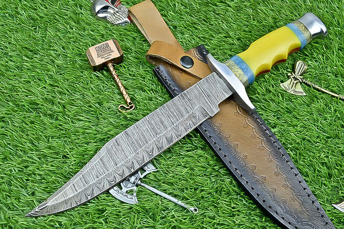 Heritage Forge 13 Inch Damascus Steel Bowie Knife with Resin Handle and Custom Leather Sheath