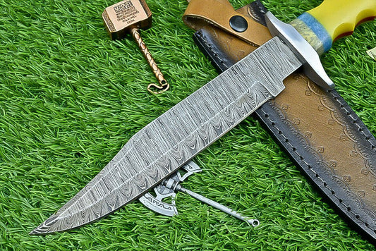 Heritage Forge 13 Inch Damascus Steel Bowie Knife with Resin Handle and Custom Leather Sheath