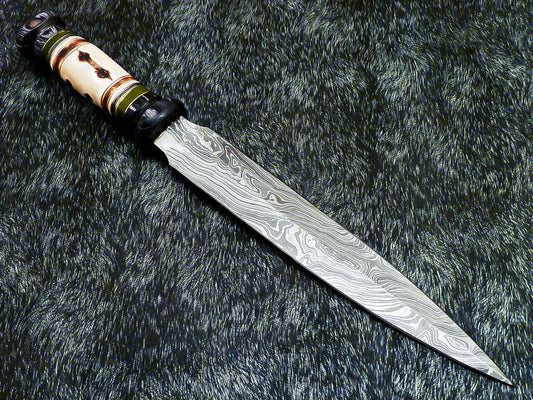 Hand Forged Damascus Steel Bowie Dagger | 15" Camel Bone Hunting Knife with Leather Sheath