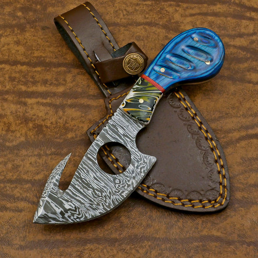 Custom Handmade Damascus Gut Hook Skinner Knife for Hunting and Camping