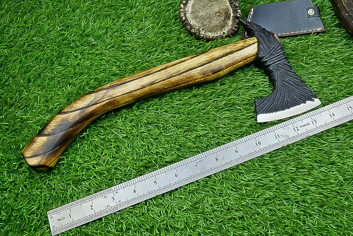 Handcrafted Viking Tomahawk Axe – Carbon Steel Blade with Rose Wood Handle and Leather Sheath, 17 Inch