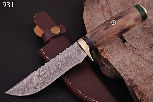 Custom Damascus Steel Bowie Knife with Camel Bone Handle for Hunting and Survival