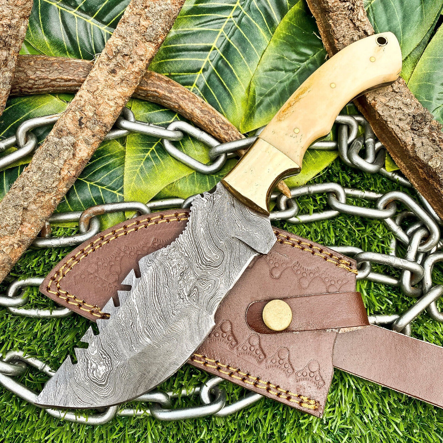 Custom Handmade Damascus Steel Full Tang Tracker Knife – Camel Bone Handle, Brass Bolsters & Leather Sheath