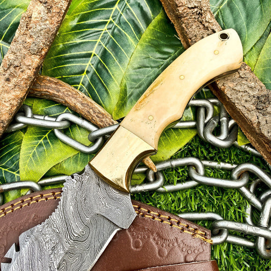 Custom Handmade Damascus Steel Full Tang Tracker Knife – Camel Bone Handle, Brass Bolsters & Leather Sheath