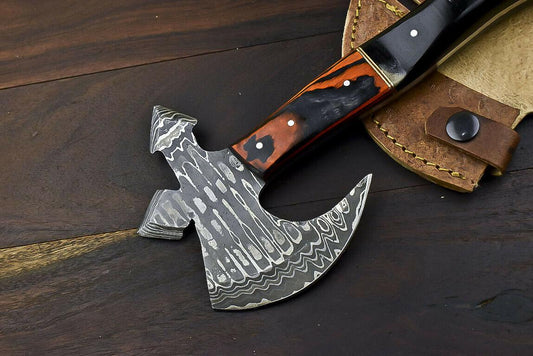 Hand Forged Damascus Steel Axe Ram's Horn Hunting Clever Chopper Knife with Leather Sheath