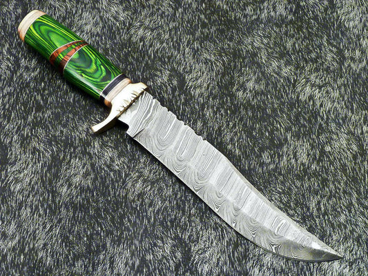 14 inch Damascus hunting knife with layered blade and notched ricasso