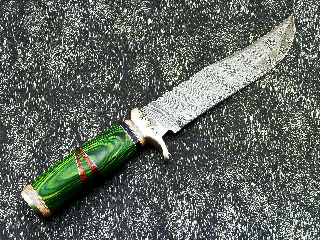 Authentic 14" Handmade Damascus Bowie Hunting Knife with Hardwood Handle with Leather Sheath