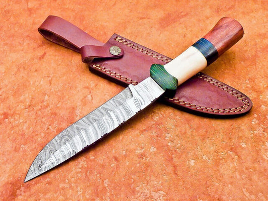 12" Damascus Bowie Knife with Camel Bone & Hardwood Handle