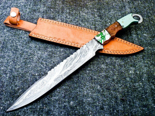 Heritage Forge 16 Inch Damascus Steel Bowie Knife with Resin Handle and Leather Sheath