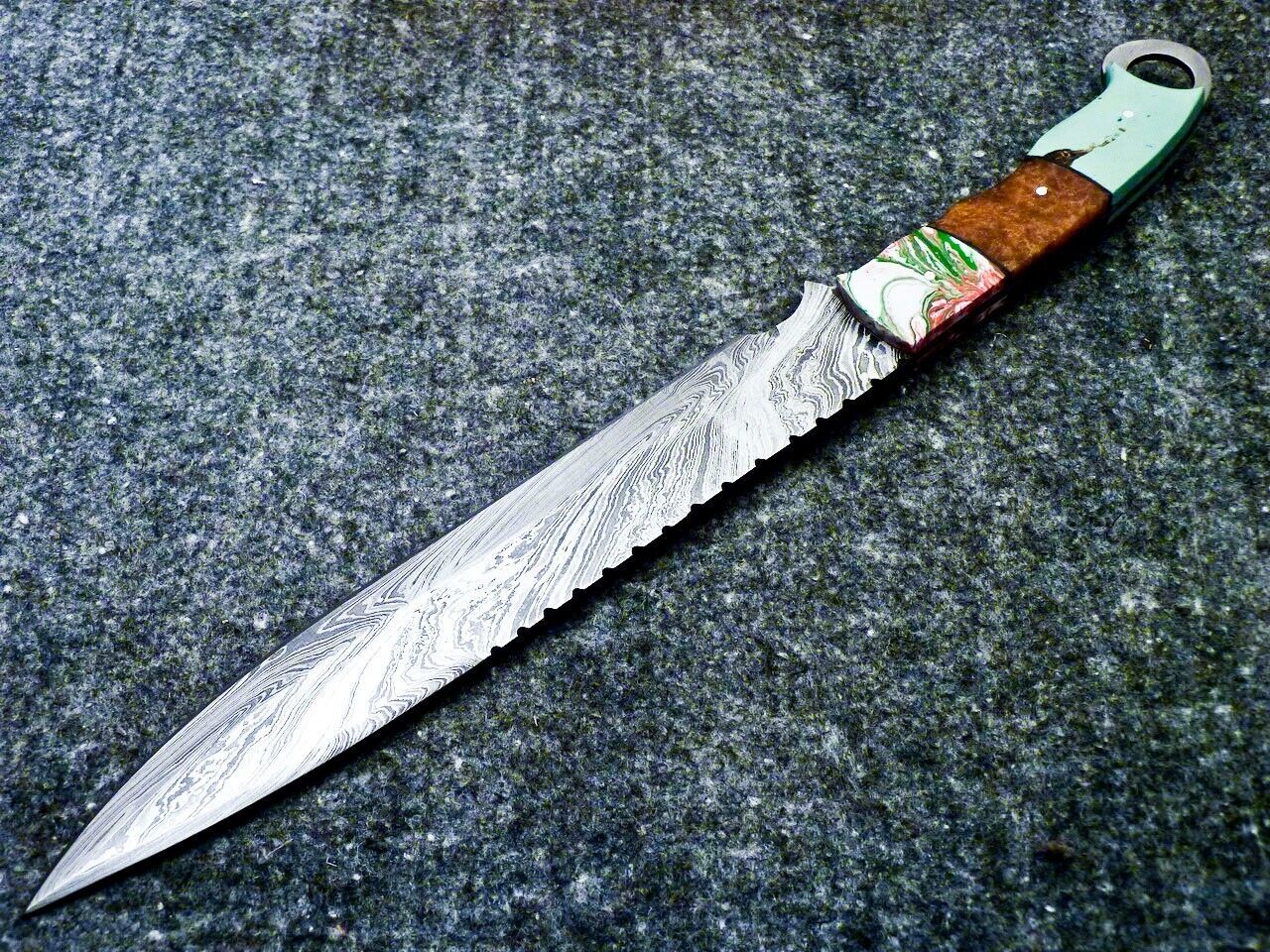 Heritage Forge 16 Inch Damascus Steel Bowie Knife with Resin Handle and Leather Sheath