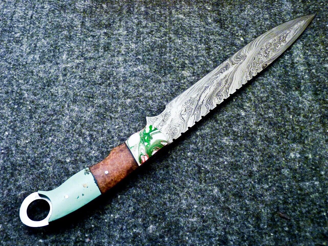 Heritage Forge 16 Inch Damascus Steel Bowie Knife with Resin Handle and Leather Sheath