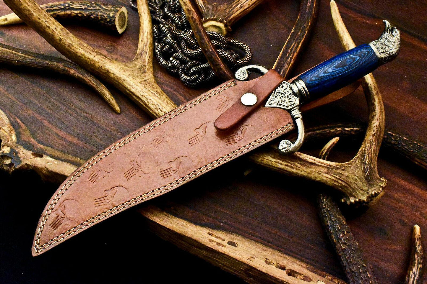 14 Inch Handmade Damascus Bowie Knife Damascus Steel Knife with Hardwood Handle & Sheath