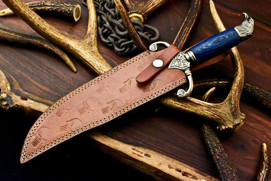 14" Handmade Damascus Steel Bowie Knife – Hardwood Handle with Leather Sheath