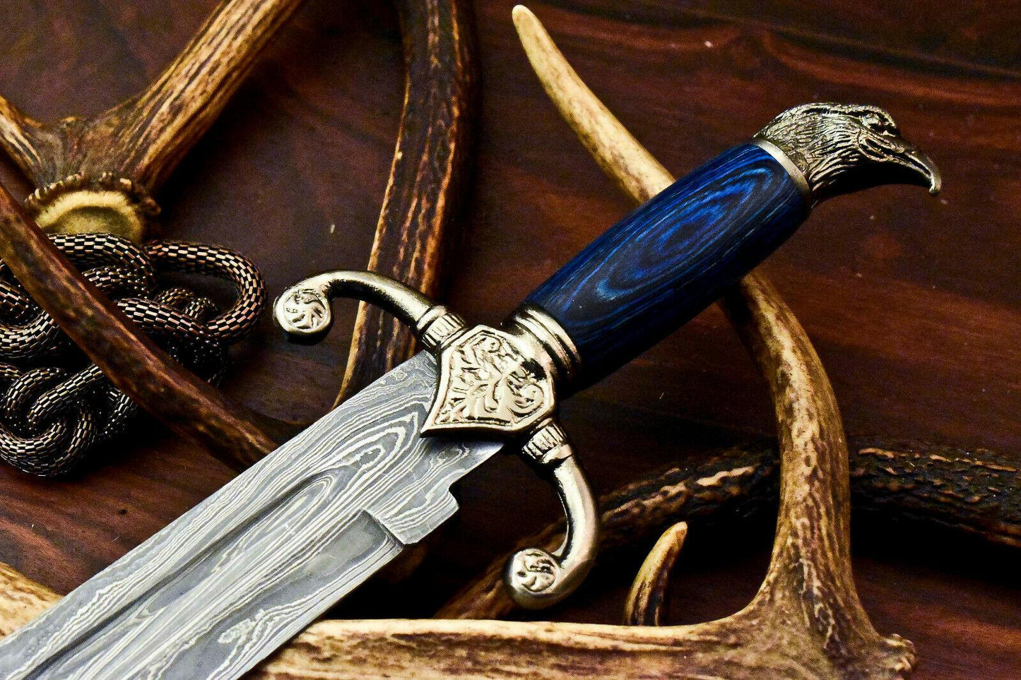 14" Handmade Damascus Steel Bowie Knife – Hardwood Handle with Leather Sheath