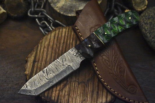 Twist Damascus Skinner Knife – 8.5" EDC with Hardwood Handle and Wooden Bolster