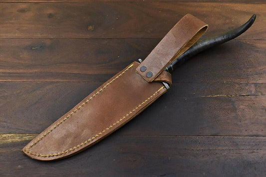 14.5" Damascus Steel Bowie Knife with Ram’s Horn Handle – Full Tang Trailing Blade