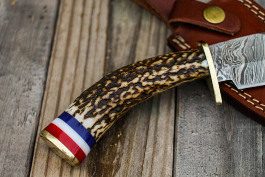 9" Damascus Steel Bowie Knife – Stag Antler Handle & Brass Guard