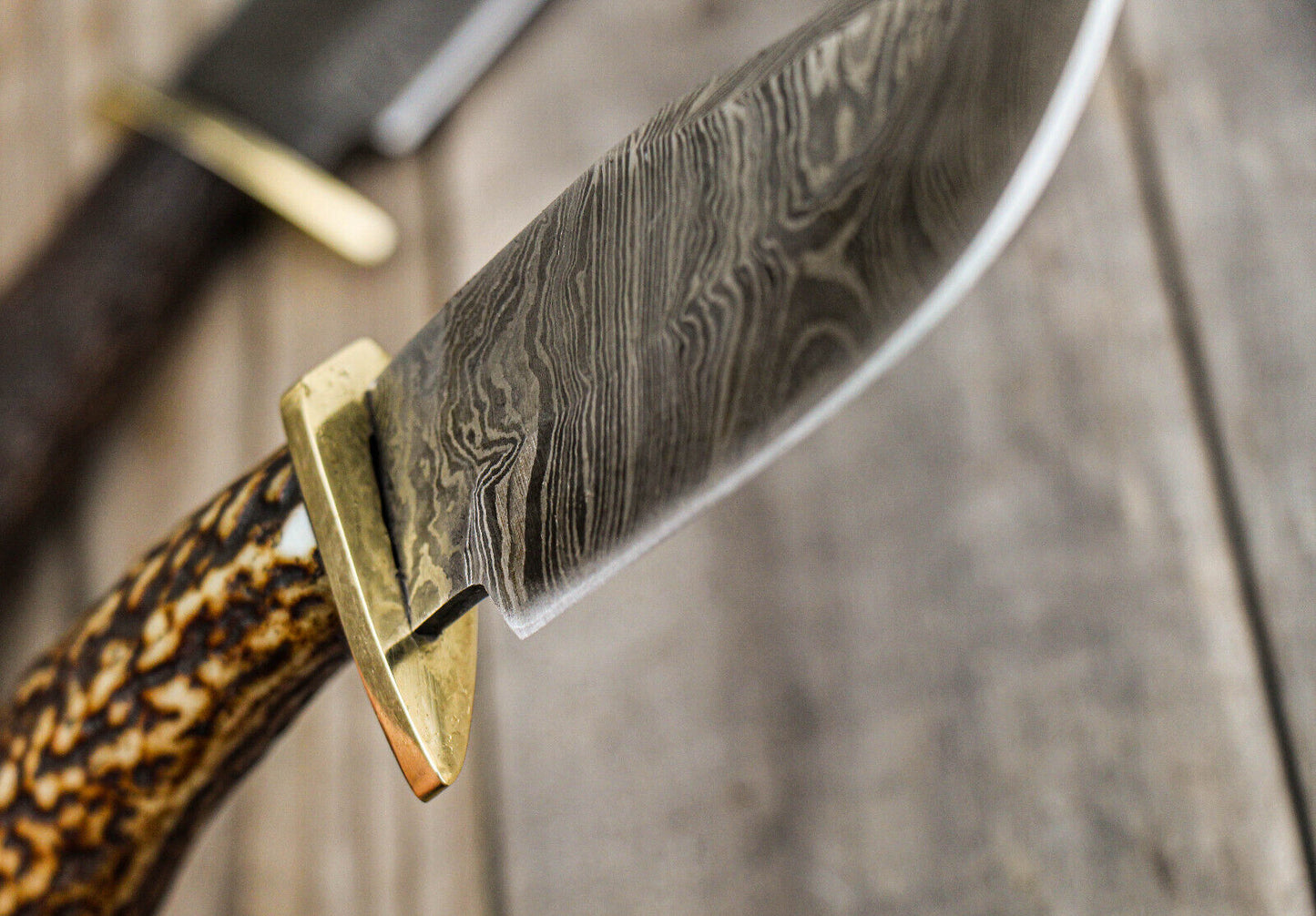9" Damascus Steel Bowie Knife – Stag Antler Handle & Brass Guard