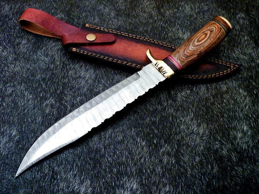 Heritage Forge 15 Inch Damascus Steel Bowie Knife with Hardwood Handle and Brass Bolster