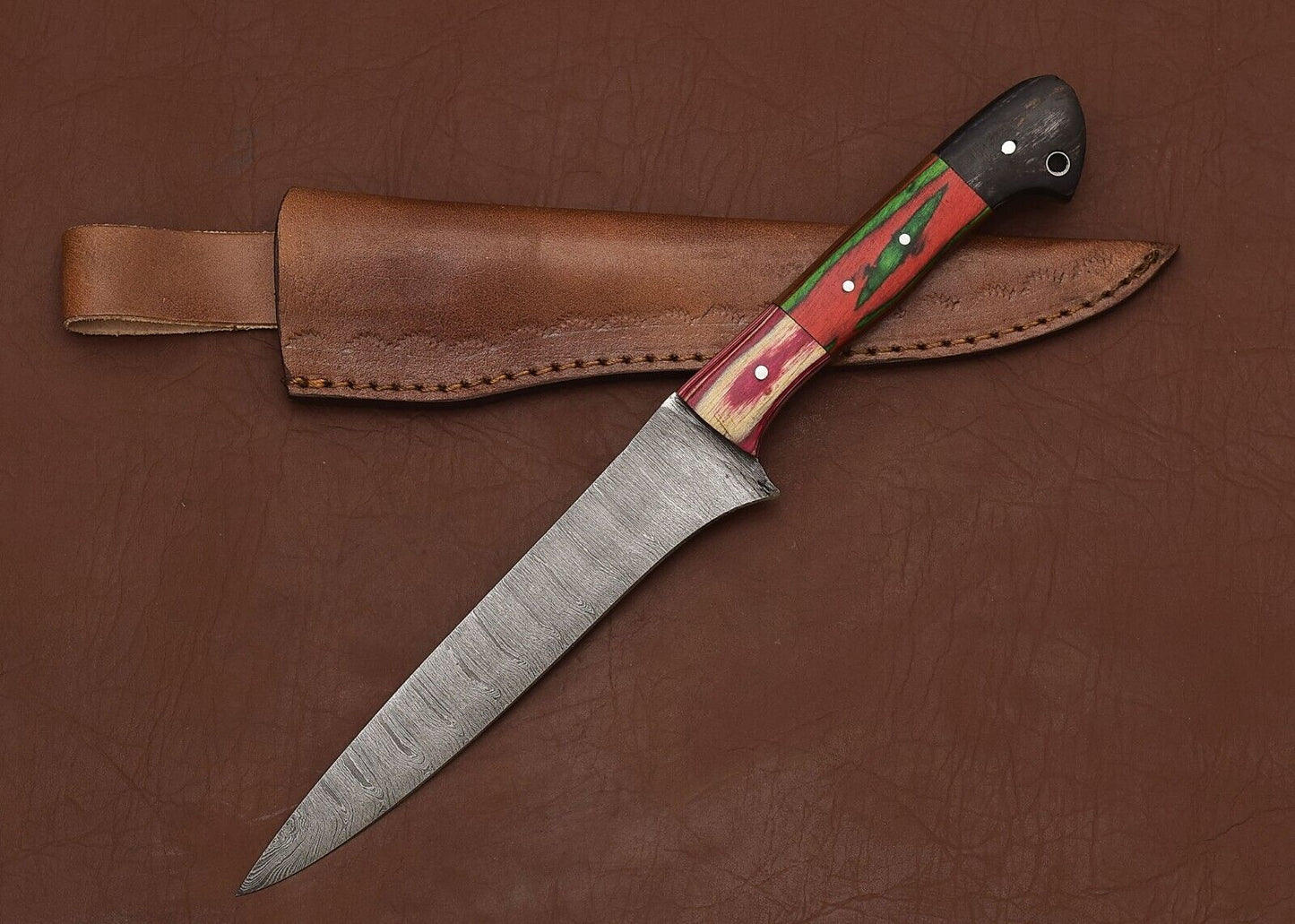 Premium Custom Handmade Damascus Steel Chef Fillet Knife with Pakka Wood Handle & Leather Sheath