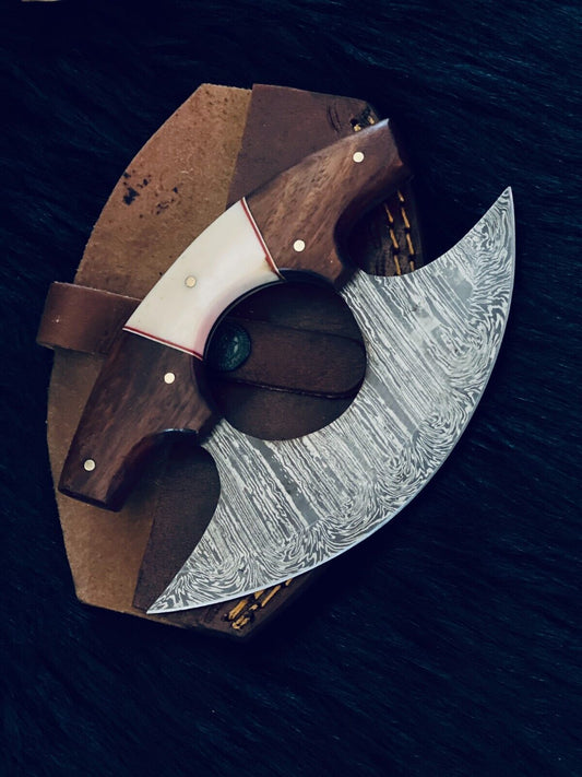 6.5" Custom Handmade Twist Damascus Ulu Bowie Knife – Camel Bone & Wood Handle