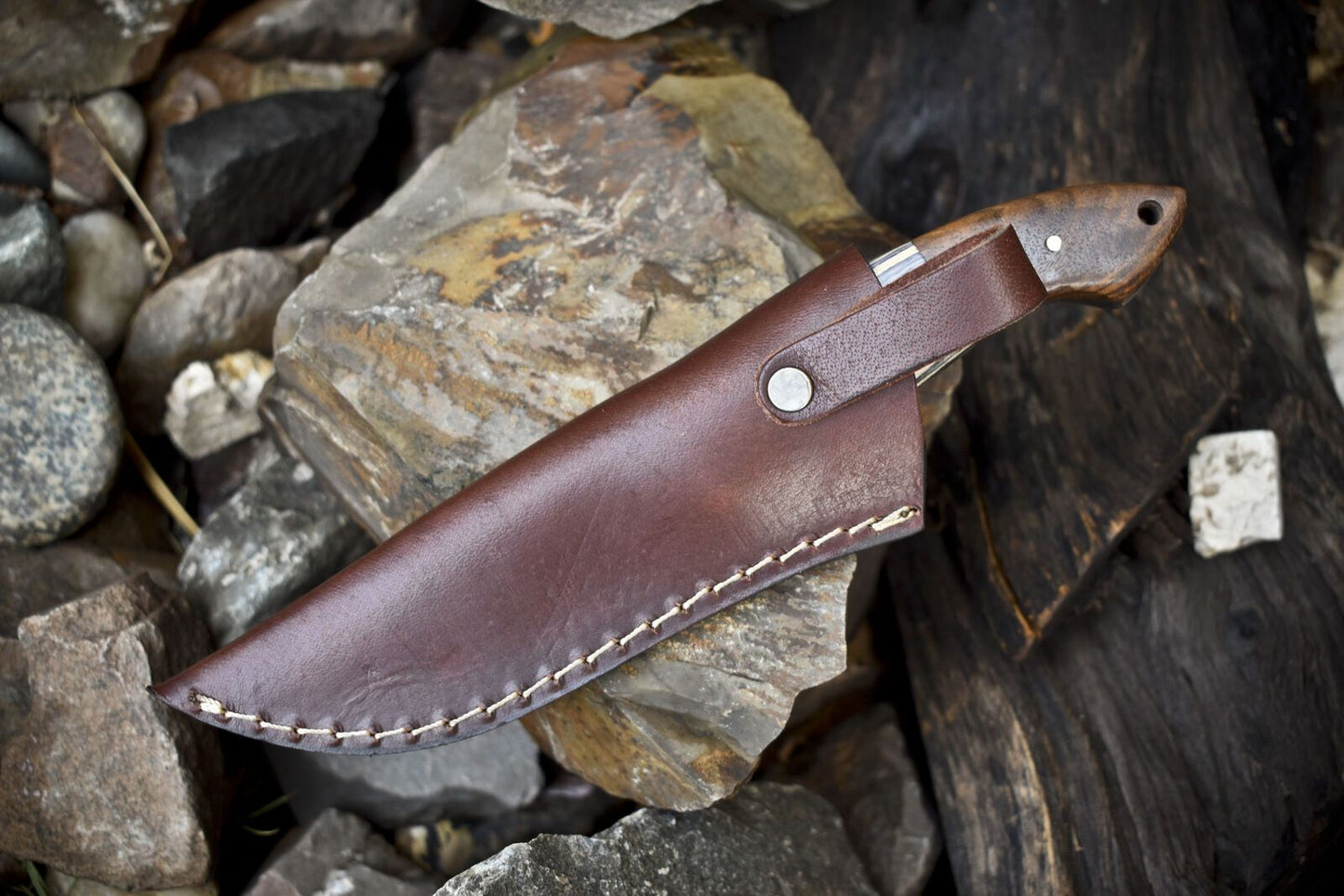 Rain Drop Damascus Skinner Knife with Hardwood Handle EDC Hunting Blade