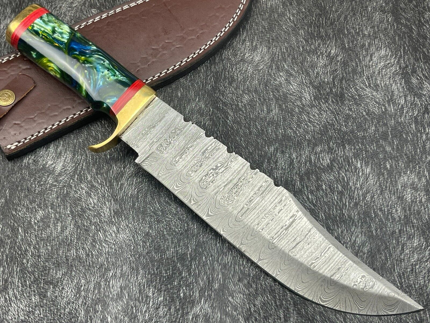 15" Hand Forged Damascus Bowie Knife | Resin Handle & Leather Sheath