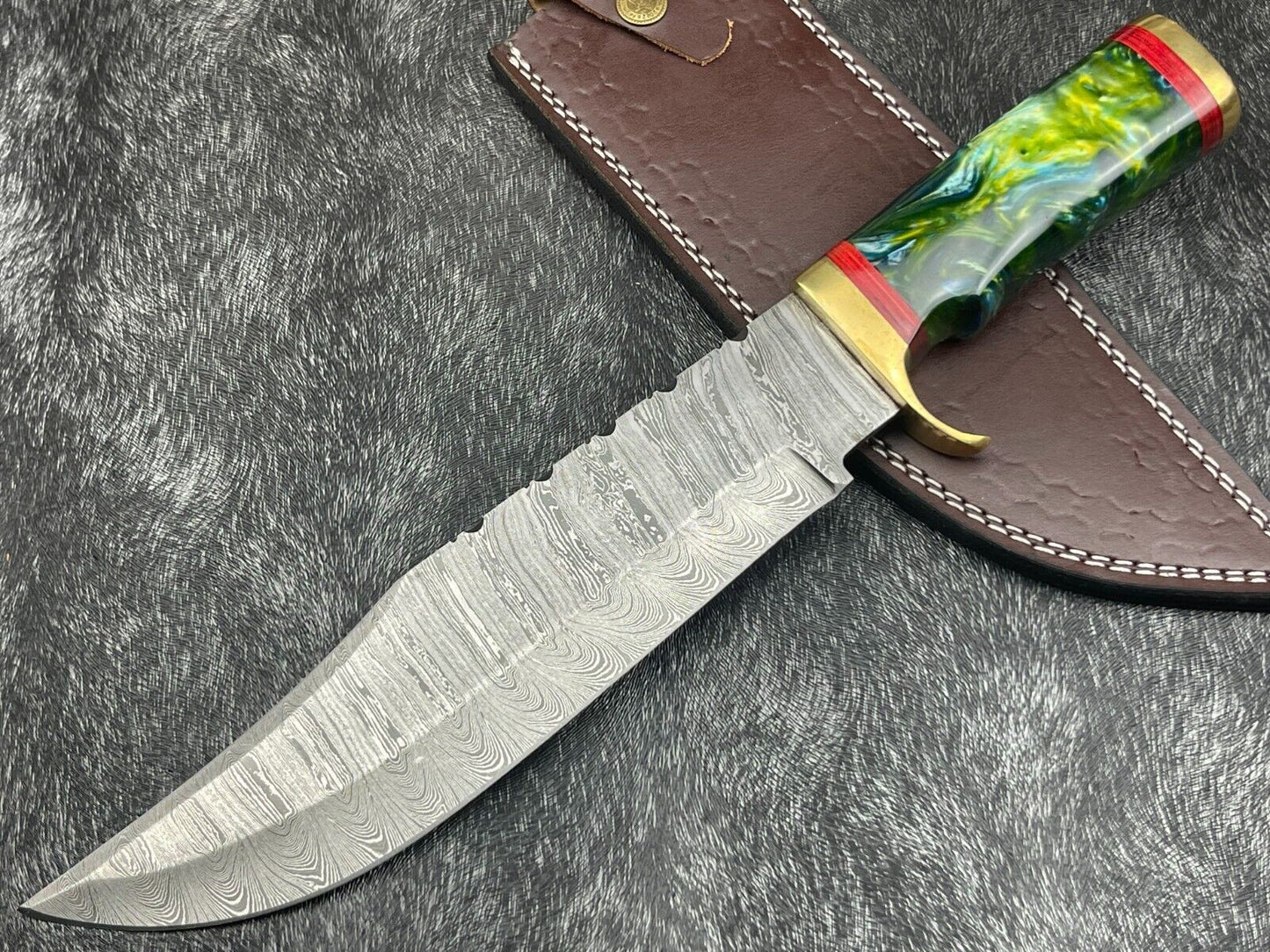 15" Hand Forged Damascus Bowie Knife | Resin Handle & Leather Sheath