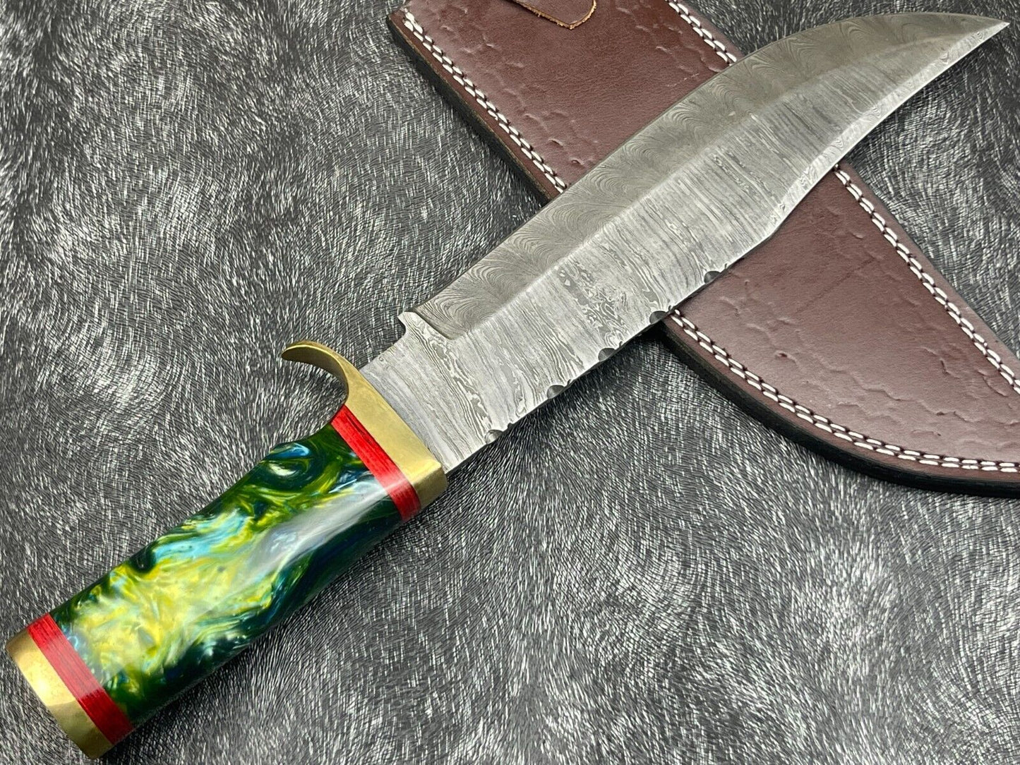 15" Hand Forged Damascus Bowie Knife | Resin Handle & Leather Sheath