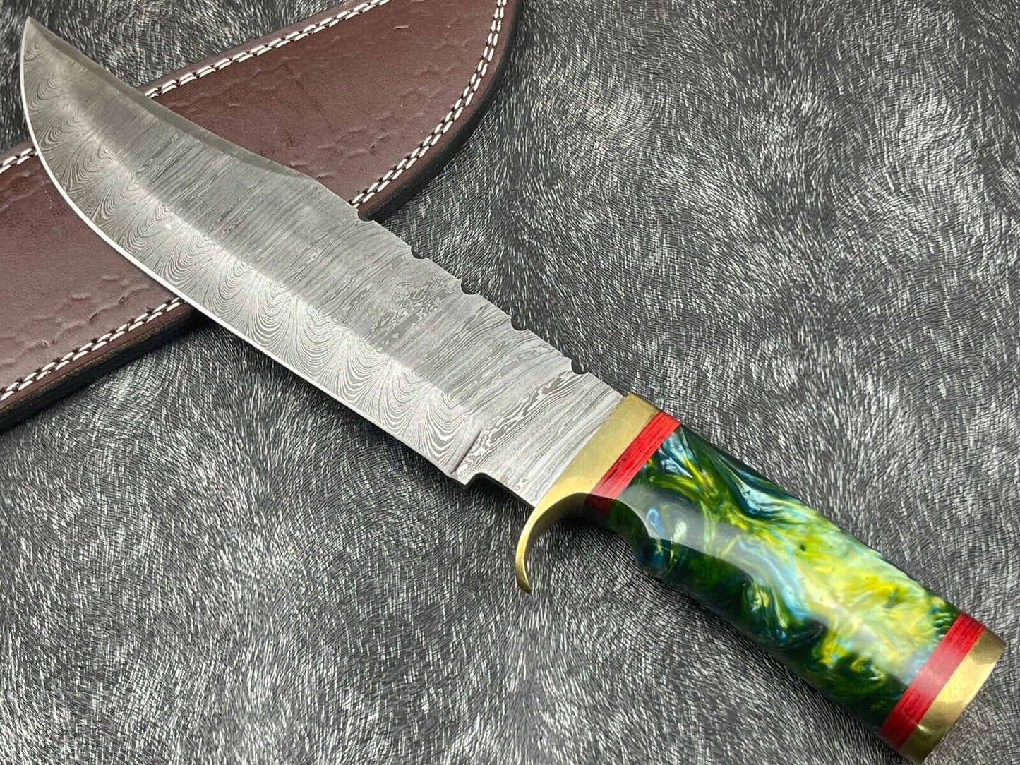 15" Hand Forged Damascus Bowie Knife | Resin Handle & Leather Sheath