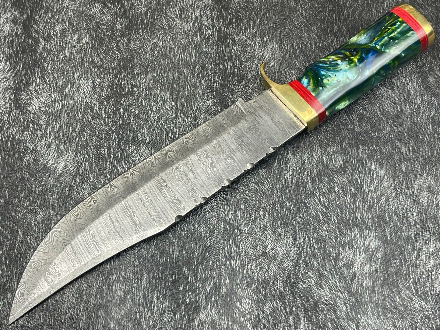 15" Hand Forged Damascus Bowie Knife | Resin Handle & Leather Sheath
