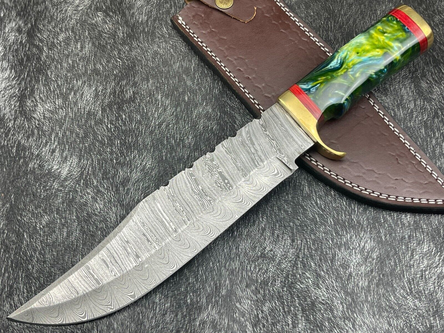 15" Hand Forged Damascus Bowie Knife | Resin Handle & Leather Sheath