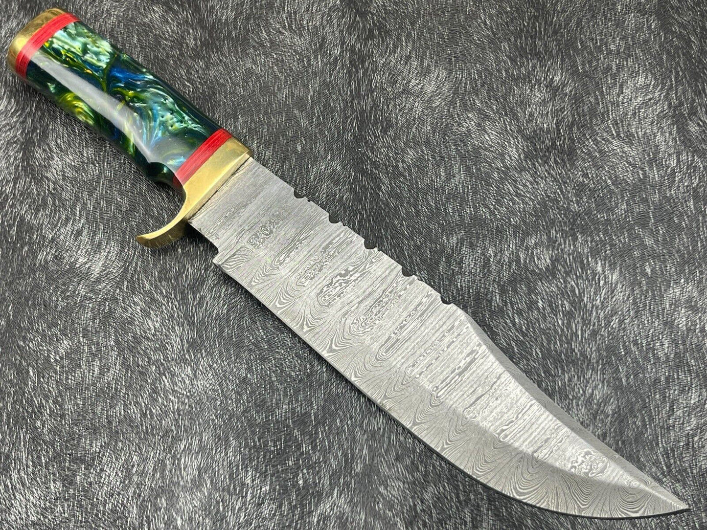15" Hand Forged Damascus Bowie Knife | Resin Handle & Leather Sheath