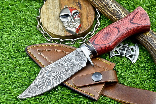 Premium Damascus Steel Bowie Knife – 9" Outdoor Hunting Knife with Leather Sheath