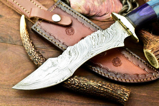 Desert Fang 13.5 Inch Damascus Bowie Knife | Camel Bone Handle with Leather Sheath