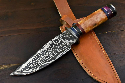 12" Damascus Bowie Knife with Camel Bone Handle – Gambler’s Edition