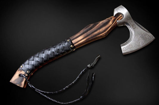 Handmade Forged Viking Axe – Stainless Steel Hatchet with Wooden Handle and Leather Sheath