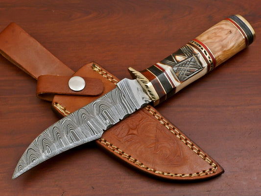 10 Inch Custom Damascus Hunting Knife with Camel Bone Olive and Pakka Wood Handle